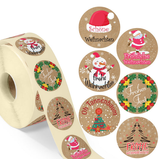 colortouch Aufkleber Weihnachten - 500 Stück Kraftpapier Optik Weihnachtsaufkleber - Frohe Weihnachten Sticker - 35 mm Rund Rolle Vintage Selbstklebend Weihnachtssticker für Geschenktüten, Verpackung