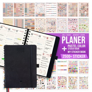 colortouch Terminkalender 2025 2026 mit 2500+ St Planer Sticker Set, Kalender Aufkleber-Stickeralbum für Terminplaner, Agenda, Journal, Notizbuch, A5 Terminplaner auf Deutsch, 14 Monate Softcover