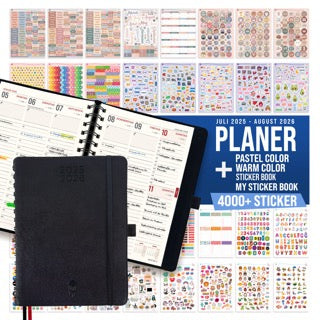 colortouch Tagesplaner 2025 2026 mit 48 Blatt/ 4000+ St  Aufkleber Set, Wochenplaner Softcover, Tagebuch auf Deutsch, A5 Terminkalender für Notizen, Planer Buchkalender 14 Monate (Juli 25-Aug 26)