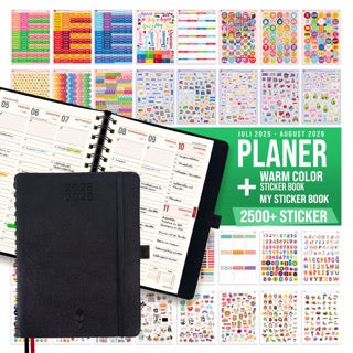 colortouch Tageskalender 2025 2026 mit 2500+ Organizer Aufkleber, Planner Sticker für Monatsplaner,Wochenplaner mit Softcove, Taschenkalender Ringbuch auf Deutsch,14 Monate Kalender (Juli 25-Aug 26)