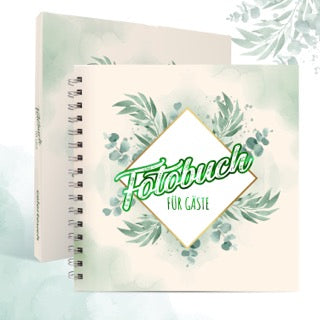 colortouch Hochzeit Fotobuch für 70 Fotoaufgaben, Fotoalbum mit Platzhaltern für Hochzeitsfotos, Hardcover mit Spiralbindung Gästebuch, Vintage, Eukalyptus, Erinnerung, 21x21cm, 300 g/m² Papier