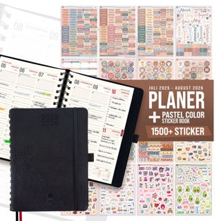 colortouch Terminplaner 2025 2026 mit 1500+ St Aufkleber für Tagesplaner, Planer Stickers für A5 Terminkalender Organizer, Taschenkalender Ringbuch mit Stickeralbum, 14 Monate Agenda (Juli 25-Aug 26)