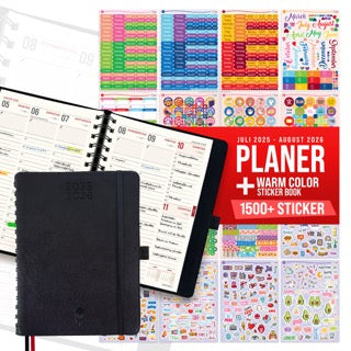 colortouch Terminkalender 2025 2026 mit 1500+ St Sticker für Terminplaner, Aufkleber Set für A5 Monatsplaner, Planer Ringbuch mit Stickeralbum, 14 Monate Wochenplaner auf Deutsch (Juli 25-Aug 26)