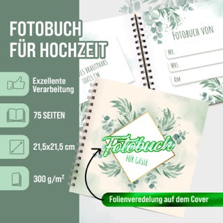 colortouch Hochzeit Fotobuch für 70 Fotoaufgaben, Fotoalbum mit Platzhaltern für Hochzeitsfotos, Hardcover mit Spiralbindung Gästebuch, Vintage, Eukalyptus, Erinnerung, 21x21cm, 300 g/m² Papier