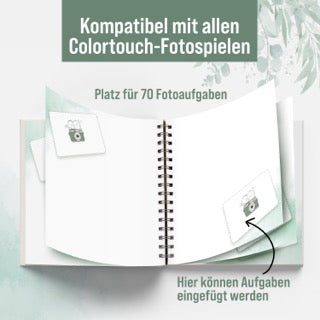 colortouch Hochzeit Fotobuch für 70 Fotoaufgaben, Fotoalbum mit Platzhaltern für Hochzeitsfotos, Hardcover mit Spiralbindung Gästebuch, Vintage, Eukalyptus, Erinnerung, 21x21cm, 300 g/m² Papier