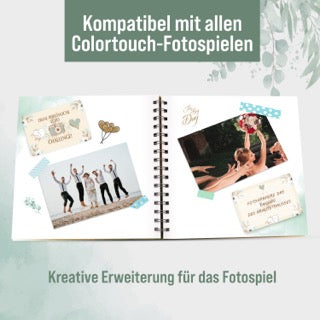 colortouch Hochzeit Fotobuch für 70 Fotoaufgaben, Fotoalbum mit Platzhaltern für Hochzeitsfotos, Hardcover mit Spiralbindung Gästebuch, Vintage, Eukalyptus, Erinnerung, 21x21cm, 300 g/m² Papier