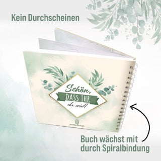 colortouch Hochzeit Fotobuch für 70 Fotoaufgaben, Fotoalbum mit Platzhaltern für Hochzeitsfotos, Hardcover mit Spiralbindung Gästebuch, Vintage, Eukalyptus, Erinnerung, 21x21cm, 300 g/m² Papier