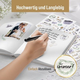 colortouch Sticker Hochzeit Gästebuch (325 Motive), Aufkleber Hochzeit für Fotoalbum, 10 Blatt Hochzeitsaufkleber für Scrapbook, Vintage Hochzeitsdeko, Bullet Journal Wedding Deko mit Herz