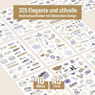 colortouch Sticker Hochzeit Gästebuch (325 Motive), Aufkleber Hochzeit für Fotoalbum, 10 Blatt Hochzeitsaufkleber für Scrapbook, Vintage Hochzeitsdeko, Bullet Journal Wedding Deko mit Herz