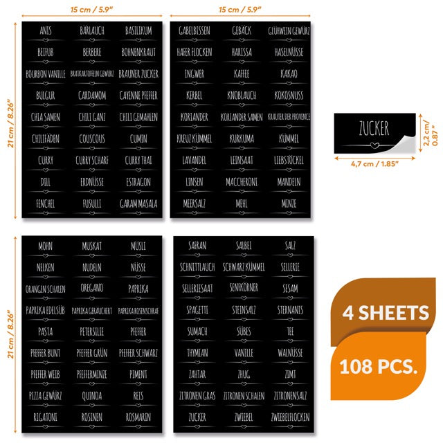 252 St. Etiketten-144 St. Tafeletiketten mit 108 St. Gewürzetiketten
