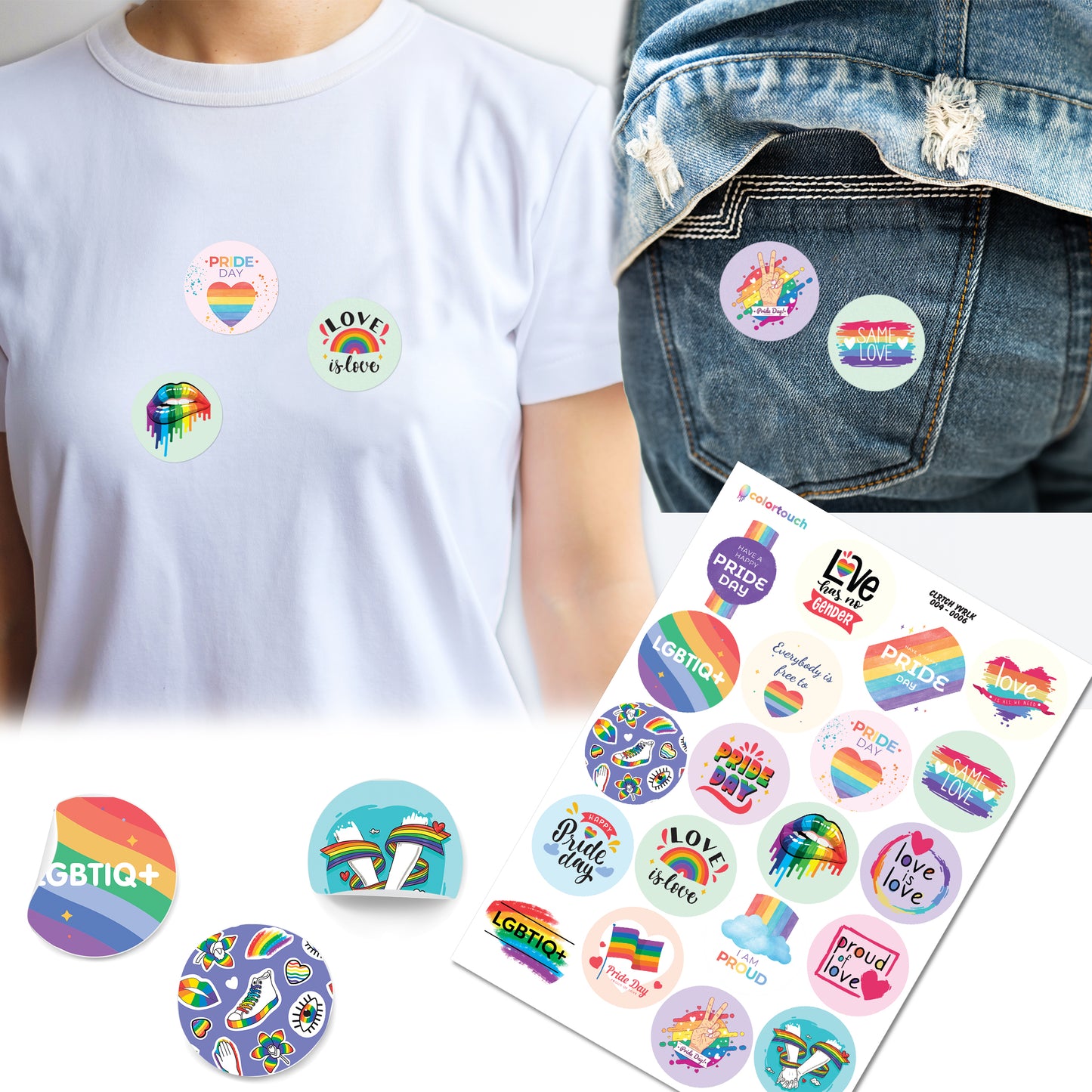 Colortouch rainbow stickers for LGBTIQ+, 20 different designs and 80 pieces of pride stickers, round and 3.7 cm diameter