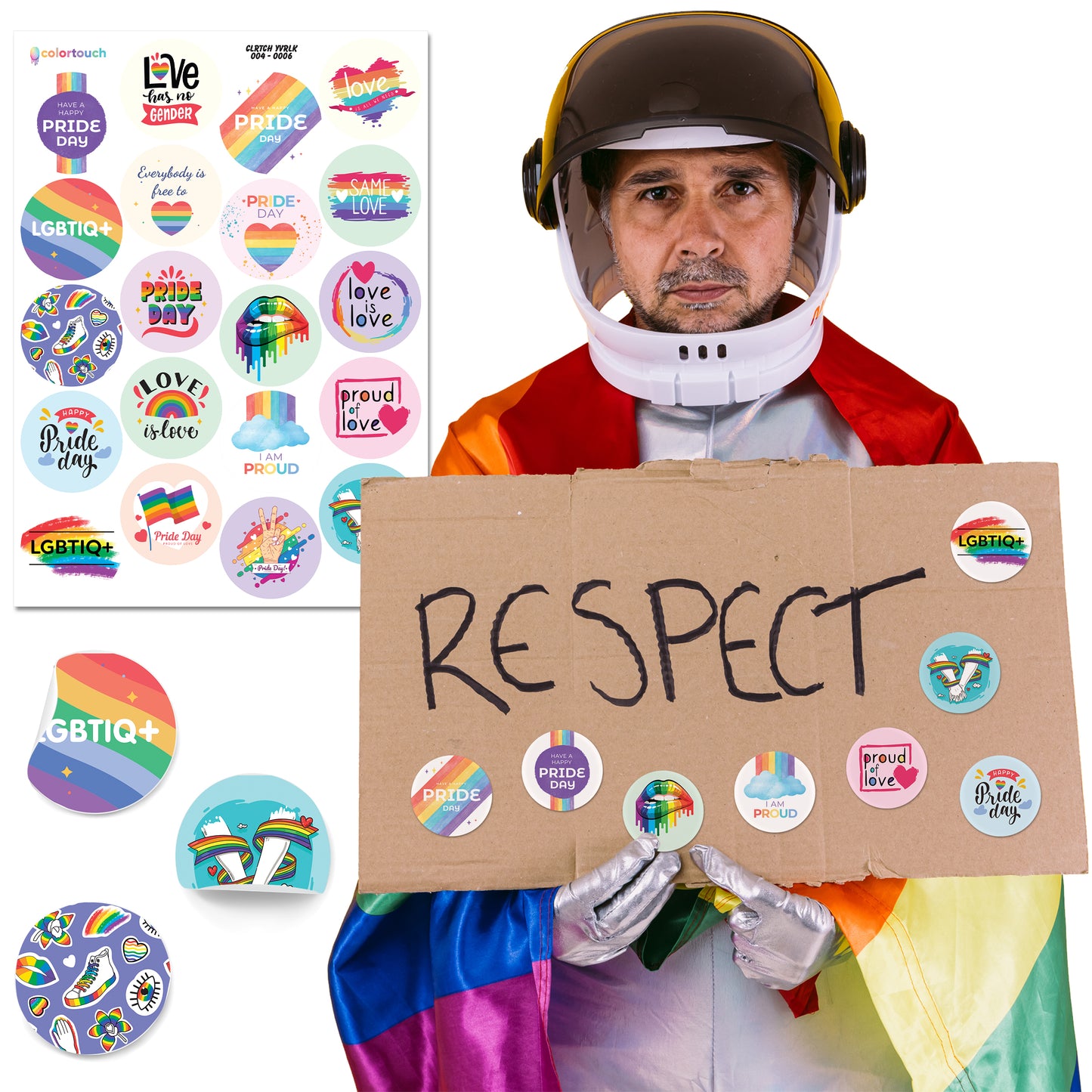 Colortouch rainbow stickers for LGBTIQ+, 20 different designs and 80 pieces of pride stickers, round and 3.7 cm diameter