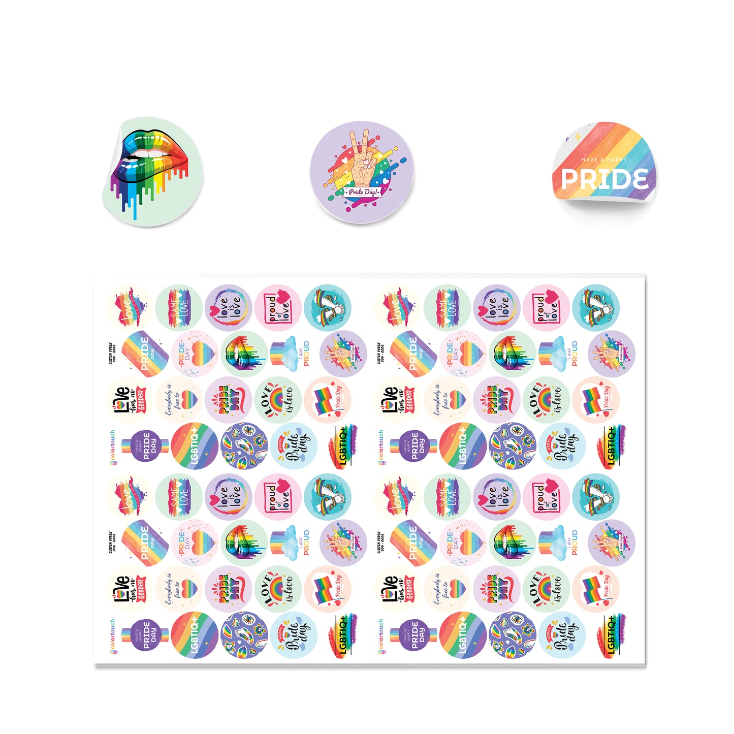 Colortouch rainbow stickers for LGBTIQ+, 20 different designs and 80 pieces of pride stickers, round and 3.7 cm diameter