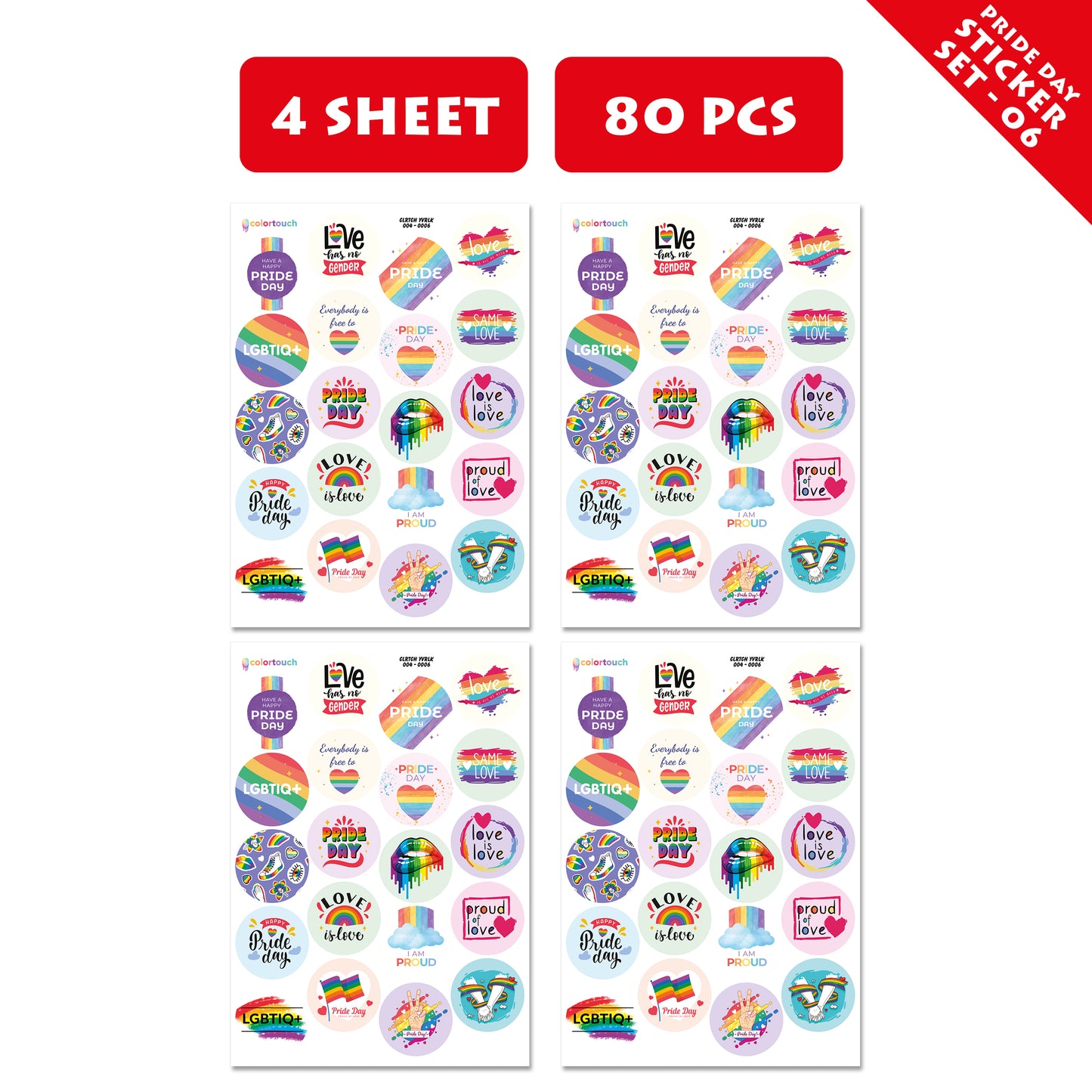 Colortouch rainbow stickers for LGBTIQ+, 20 different designs and 80 pieces of pride stickers, round and 3.7 cm diameter