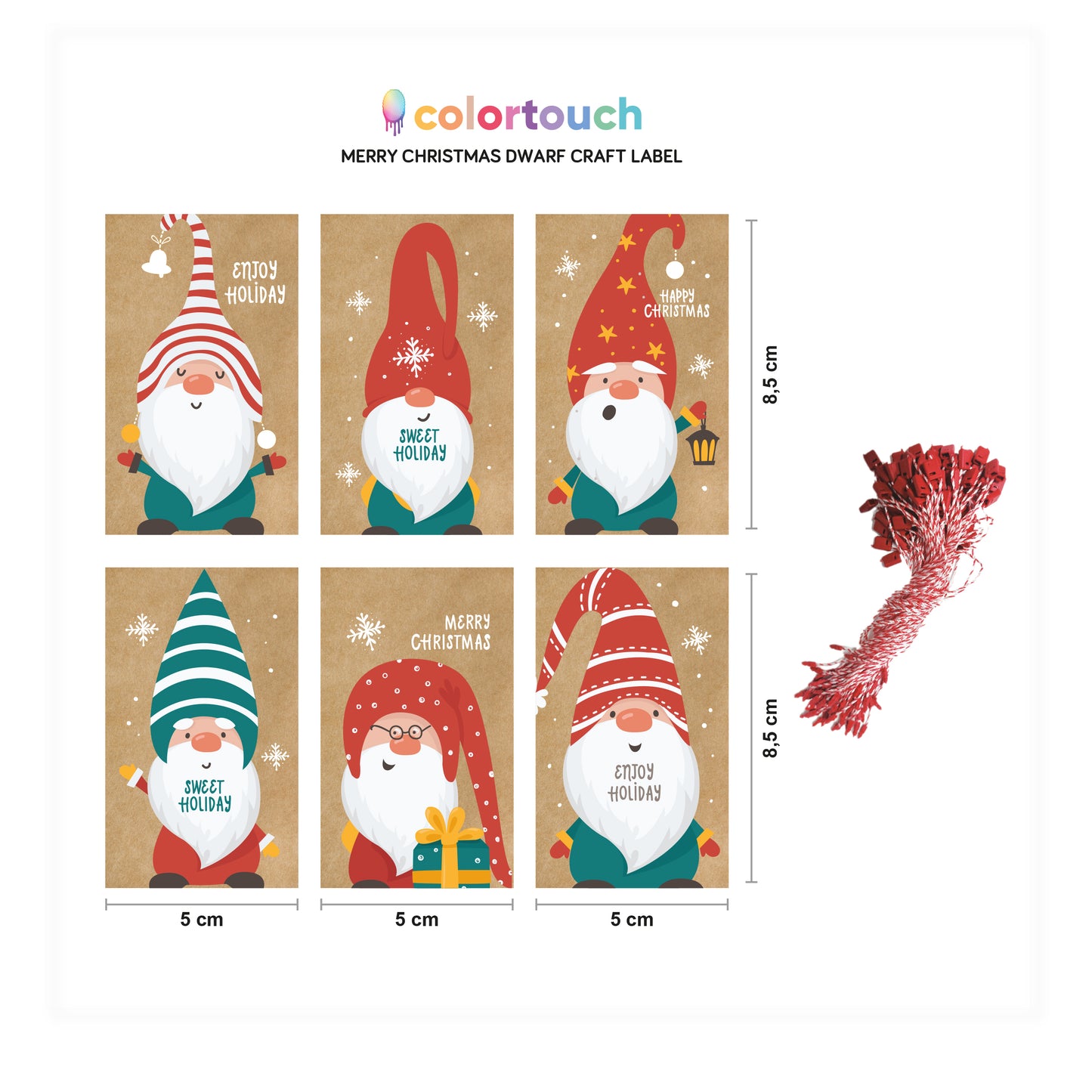colortouch Christmas Pack of 30 kraft paper labels (5x8.5 cm), dwarf designs