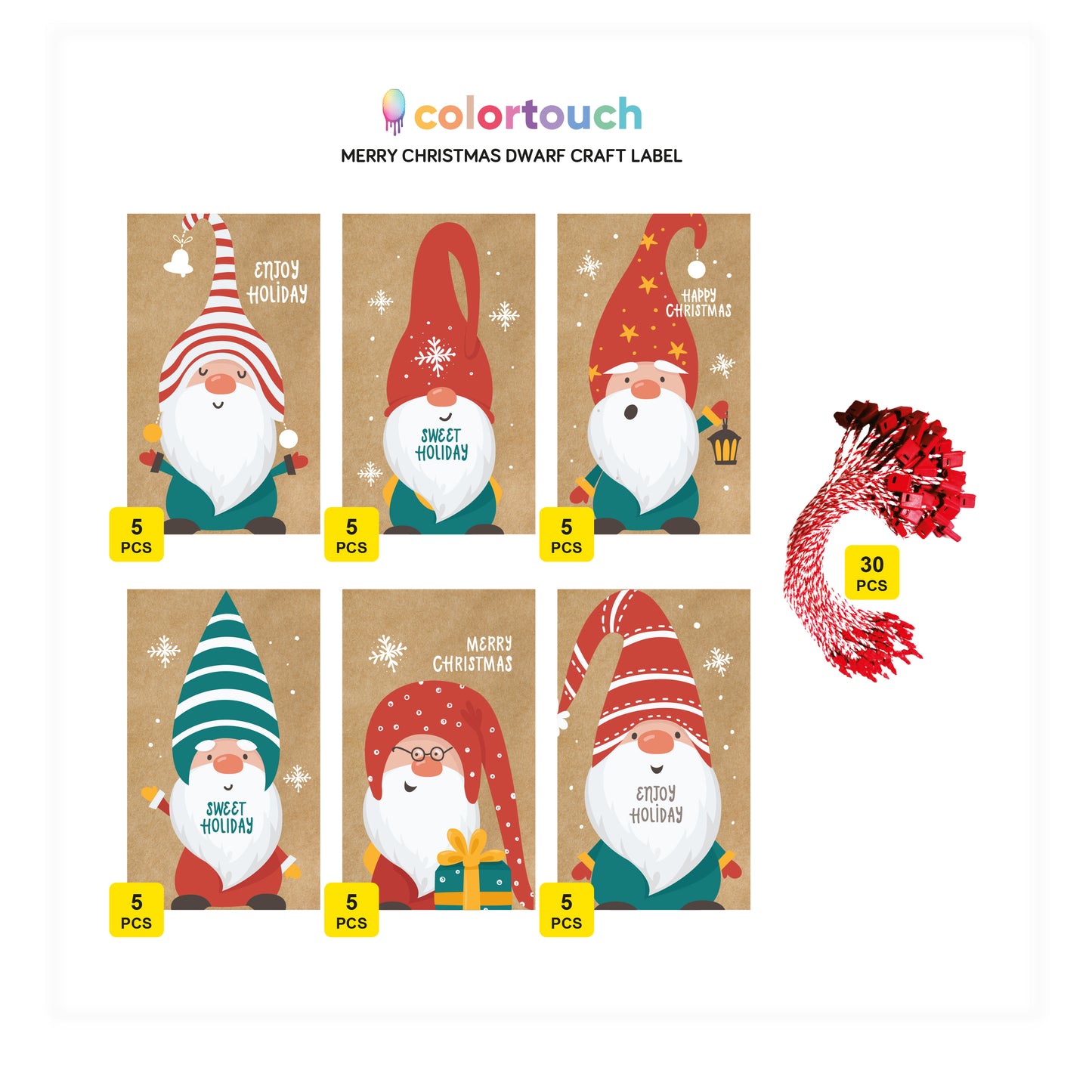colortouch Christmas Pack of 30 kraft paper labels (5x8.5 cm), dwarf designs