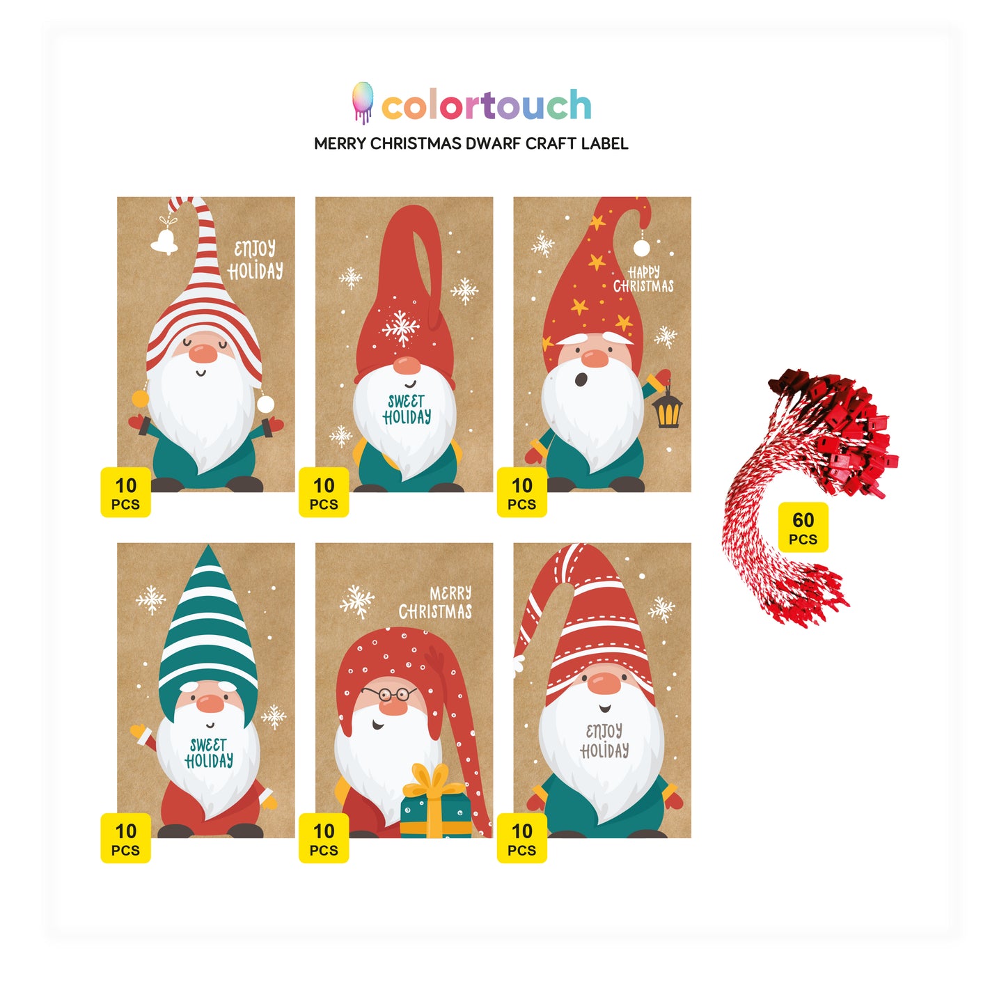 colortouch Christmas Pack of 30 kraft paper labels (5x8.5 cm), dwarf designs