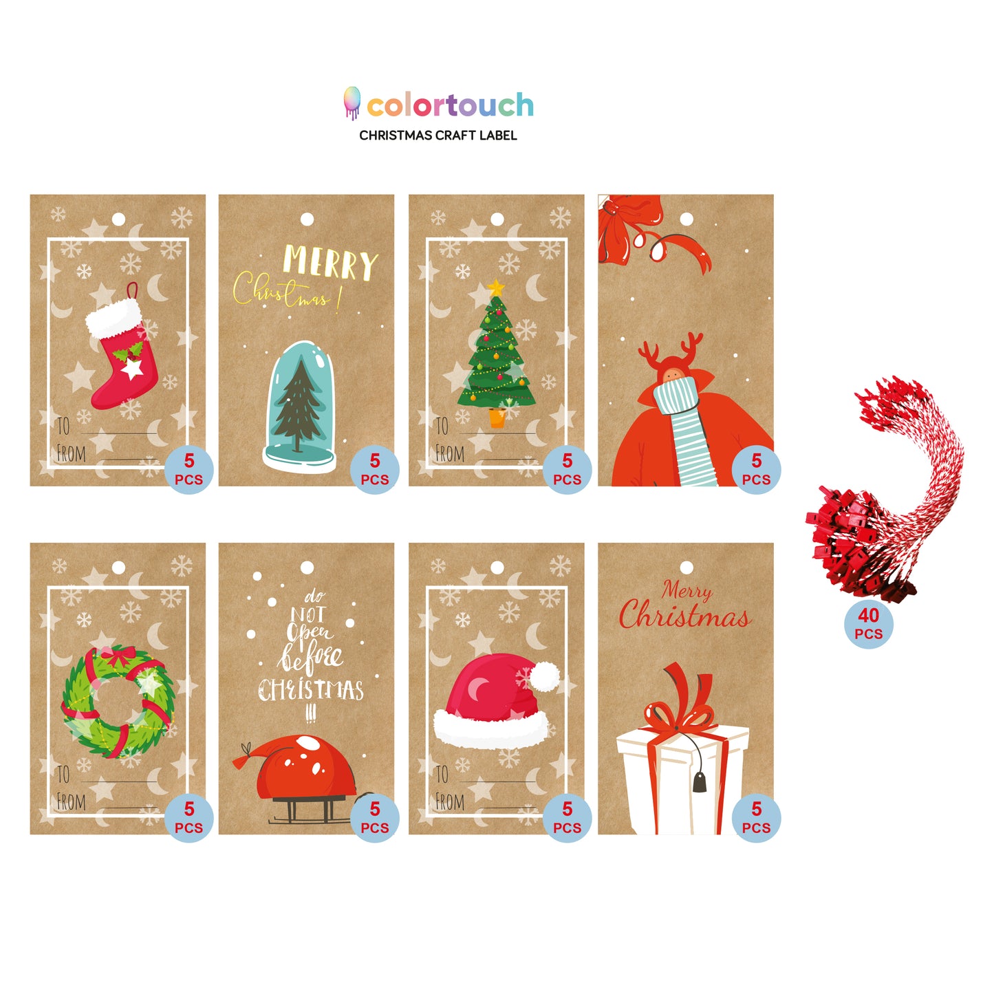 colortouch Christmas 40 pieces of kraft paper labels (5x8.5 cm), 8 different designs