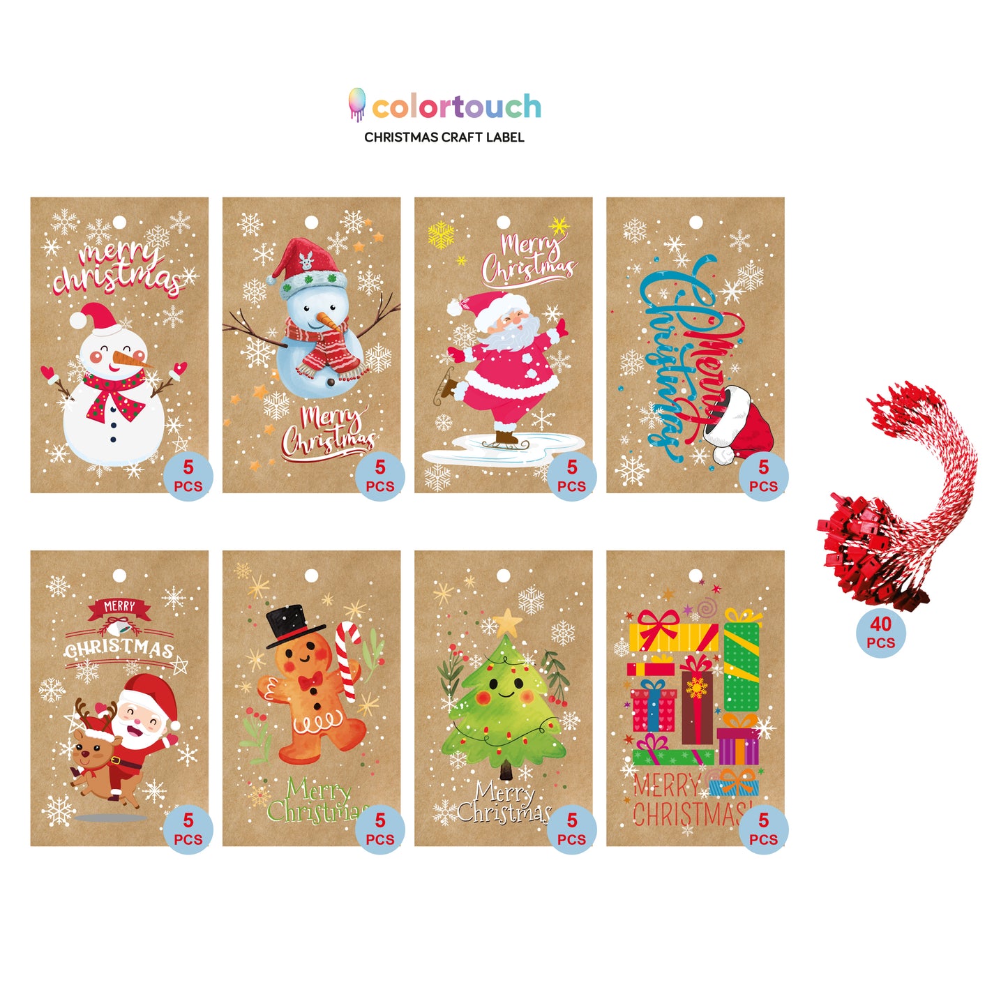 colortouch Christmas 40 pieces of kraft paper labels (5x8.5 cm), 8 different designs